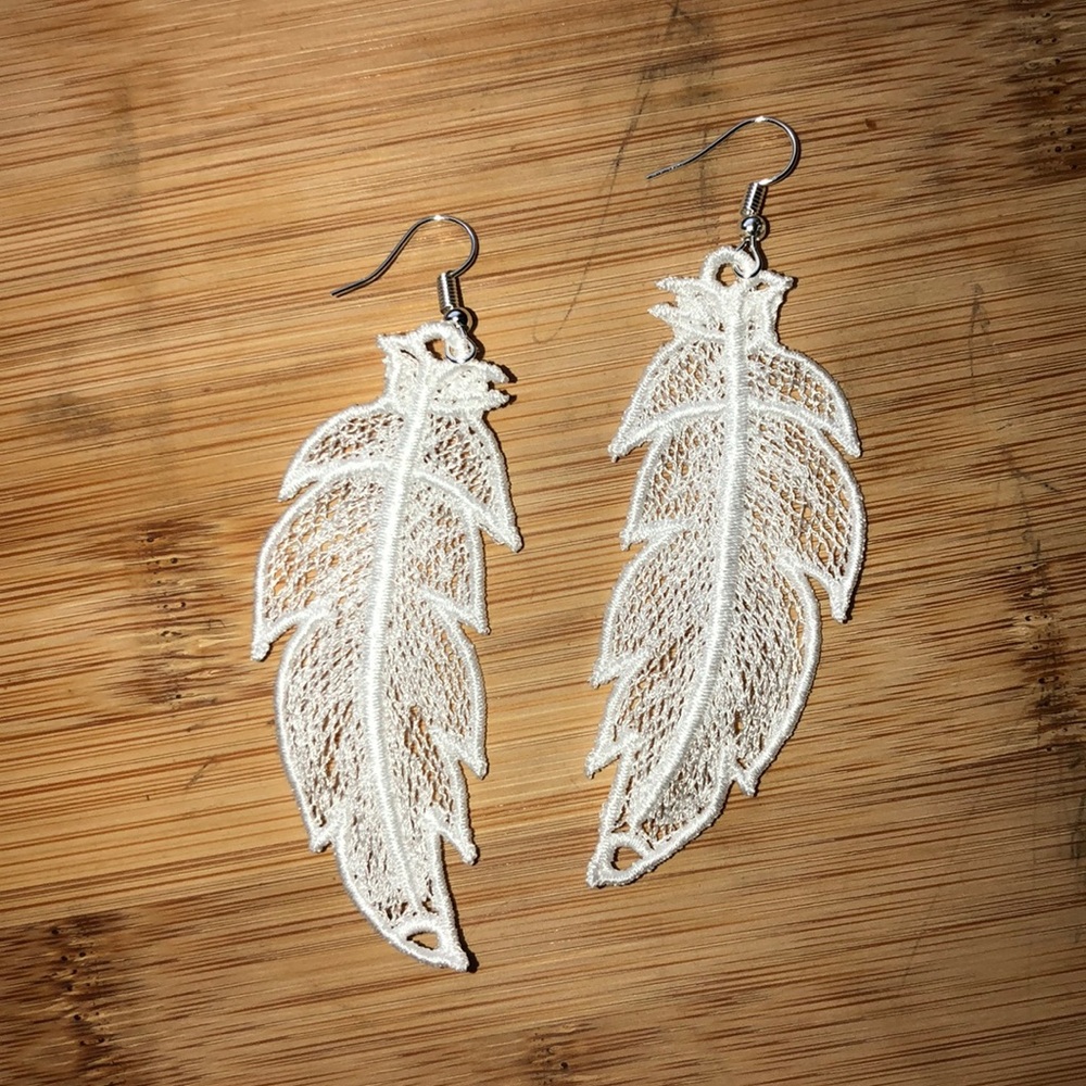 Embroidered Lace Feather Earrings